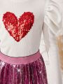 SHEIN Kids KDOMO Tween Girl Sequin Heart Pattern Gigot Sleeve Tee