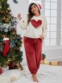 Plus Christmas Heart Embroidery Drop Shoulder Flannel PJ Set