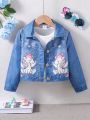 SHEIN Kids EVRYDAY Toddler Girls' Cute Unicorn Printed Short Denim Jacket