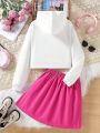 Teen Girl Letter Graphic Hooded Sweatshirt & Heart Print Pleated Skirt