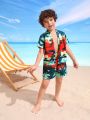 Toddler Boys' Full Printed Short Sleeve Shirt, Shorts & Swimsuit With Hat Set