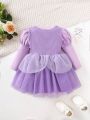 Infant Girls' Lamb Sleeve Mesh Patchwork Dress With Ruffle Hem