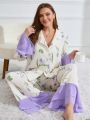 Tulip Print Plus Size Women'S Long Sleeve Pajama Set