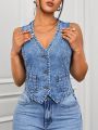 SHEIN ICON Ladies' Single-Breasted Sleeveless Denim Shirt