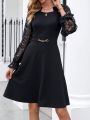 EMERY ROSE Women's Long Sleeve Lace Patchwork Chain Detail Bodycon Dress