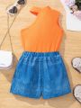 Toddler Girls' Irregular Shoulder Tank Top And Denim Printed Shorts 2pcs/Set