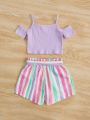 SHEIN Kids SUNSHNE Toddler Girls Cold Shoulder Tee & Block Striped Belted Shorts