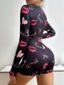 Heart Lips Printed Long Sleeve Romper