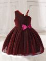 Little Girls' Asymmetrical Neckline Sleeveless Princess Style Tulle Dress With Bow Decoration, Perfect For Party In Autumn