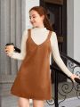 Teen Girls' Ribbed Stand Collar T-Shirt And Corduroy Suspender Skirt Set