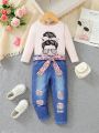 Baby Girl Figure Graphic Tee & Denim-Effect Print Belted Pants
