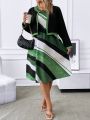 Plus Contrast Trim Jacket & Colorblock Dress