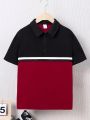 SHEIN Kids Academe Boys' Loose Knitted Patchwork Color Block Polo Shirt With Turn-down Collar