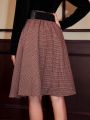 SHEIN DECDS Vintage Elegant Women'S A-Line Skirt With Wide Waist Belt And Umbrella Hem, Autumn/Winter