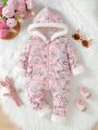 Baby Girls' Furry Design Hooded Jumpsuit For Autumn And Winter