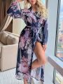 Floral Print Belted Mesh Sleep Robe