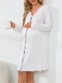 Maternity Floral Printed Colorblock Nightgown With Lace Trim