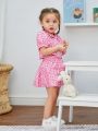 Baby Girls' Pink Leopard Print Shirt With Skirt Set For Spring/Summer