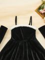 SHEIN Big Girl's Velvet Stitching Plush A-hem Dress