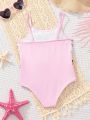 SHEIN Young Girl's Knitted Casual One-Piece Swimsuit With Spaghetti Straps