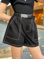 SHEIN Kids HYPEME Tween Girls' Sports Streetwear Chino Shorts With Woven Two-Tone Panels And Contrast Stitching