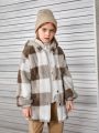 SHEIN Tween Girl Buffalo Plaid Pattern Drop Shoulder Hooded Teddy Coat