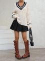 SHEIN Qutie Letter Pattern Striped Trim Drop Shoulder Cable Knit Sweater