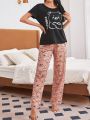 Women's Short Sleeve Long Pants Bear Print Pajama Set