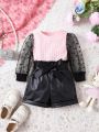 Baby Mesh Patchwork Top And Shorts Set