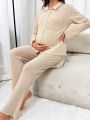 Maternity Waffle Knit Patched Pocket Adjustable Waist Lounge Set