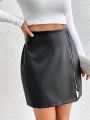 SHEIN Essnce Women'S Zipper Front Pu Leather Mini Skirt