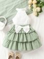 SHEIN Kids CHARMNG Toddler Girls Eyelet Embroidery Halter Top & Bow Front Layer Hem Skirt