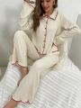 Women's Color Block Trimmed Long Sleeve Top And Casual Pants Homewear Set