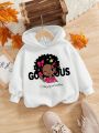 Young Girl Slogan & Figure Graphic Drop Shoulder Thermal Lined Hoodie