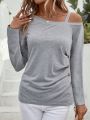 Asymmetric Shoulder Grey Long Sleeve T-shirt