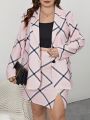 SHEIN Privé Plus Plaid Print Blazer & Split Hem Skirt