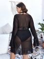 SHEIN Swim Chicsea Plus Size Women's Lotus Leaf Sleeve Drawstring Waist Kimono