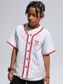 SHEIN Tween Boys' Casual Basketball Themed Striped Print Shirt