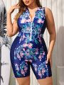 SHEIN Swim SPRTY Plus Size Women's Tropical Plant Printed One Piece Swimsuit