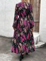 SHEIN LUNE Women's Flower Print High Split Lantern Sleeve Maxi Dress