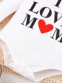 3pcs Baby Boys' Heart Pattern Long Sleeve Romper, Drool Bib, Hat Set With Valentine'S Day Slogan Print