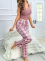 Women'S Ribbed Cami Plaid Pants Pajama Set