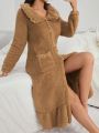 Women's Plush Long Sleeve Sleep Dress With Twin Pockets