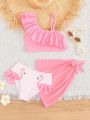 Tween Girl Flamingo Print Ruffle Trim Bikini Swimsuit With Beach Skirt