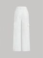 SHEIN New Arrival Tween Girl White Distressed Utility Straight Leg Jeans