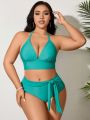 SHEIN Swim Vcay Plus Size Solid Color Bikini Set With Front Knot Detail