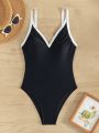 SHEIN Swim Chicsea Women's Color Block V-Neck Cami One-Piece Swimsuit