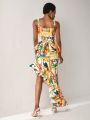 Juliano Michelli Allover Print Ruffle Trim Asymmetrical Ruffle Hem Cami Dress