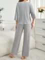 Women'S Notched Collar Knit Stripe Pajama Set