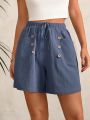 SHEIN LUNE Women'S Solid Color Button Detail Drawstring Waist Shorts